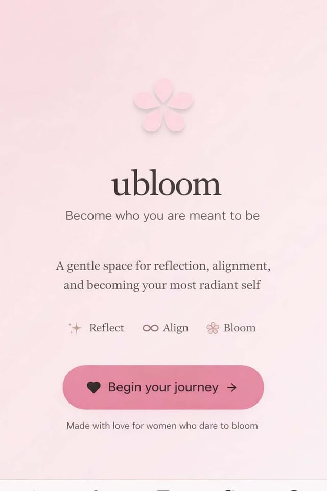 uBloom’s welcome screen: a pink flower, the ubloom name and a Begin your journey button